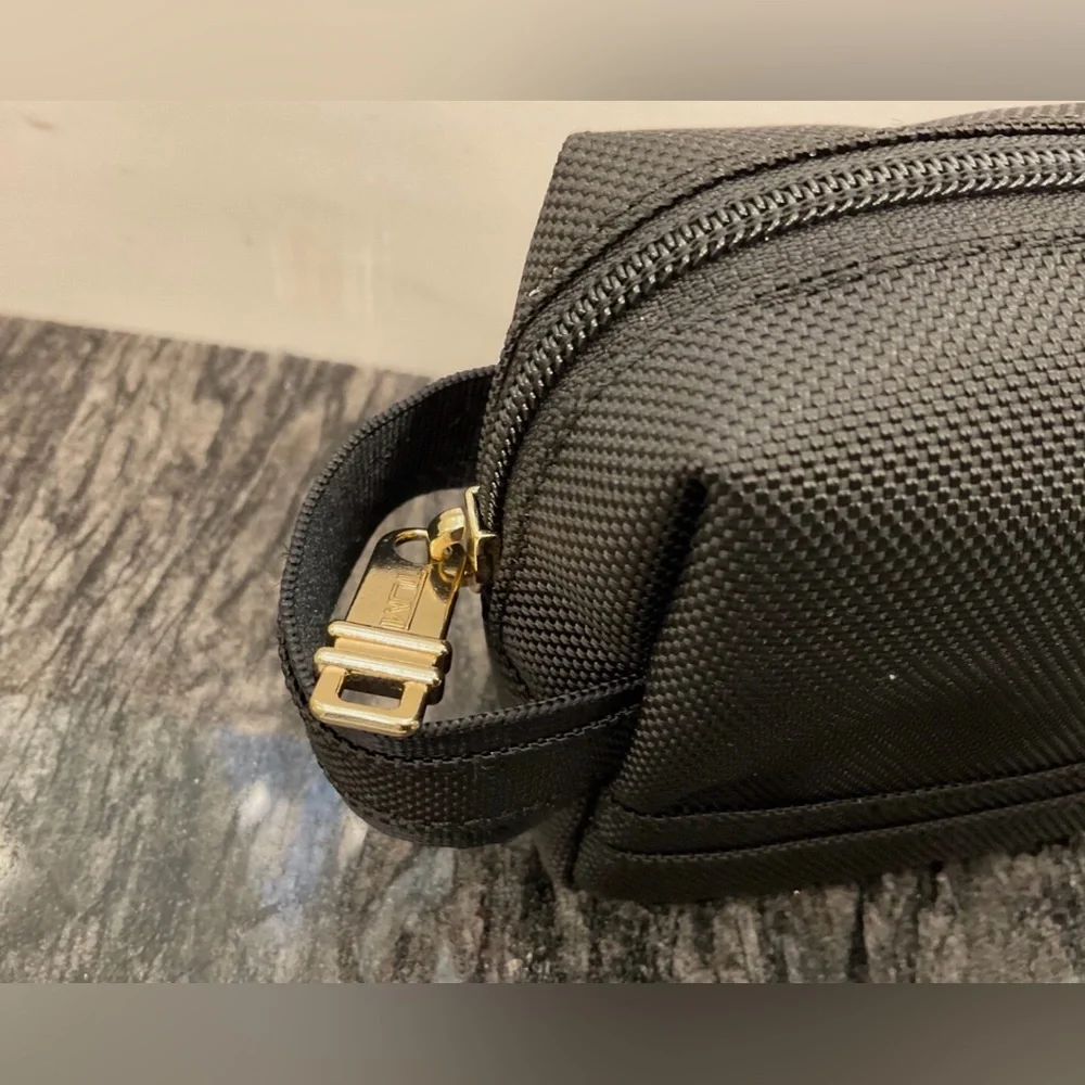 NEW - TUMI Zippered Small Kit - 4”x7” Pouch - Cosmetic Bag - BLACK with GOLD